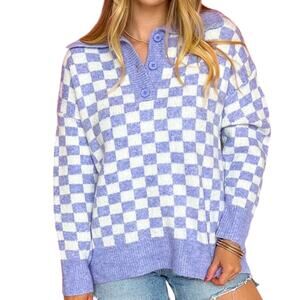 Bibi Purple Checker Knit Pullover Sweater Size Medium Oversized Collared